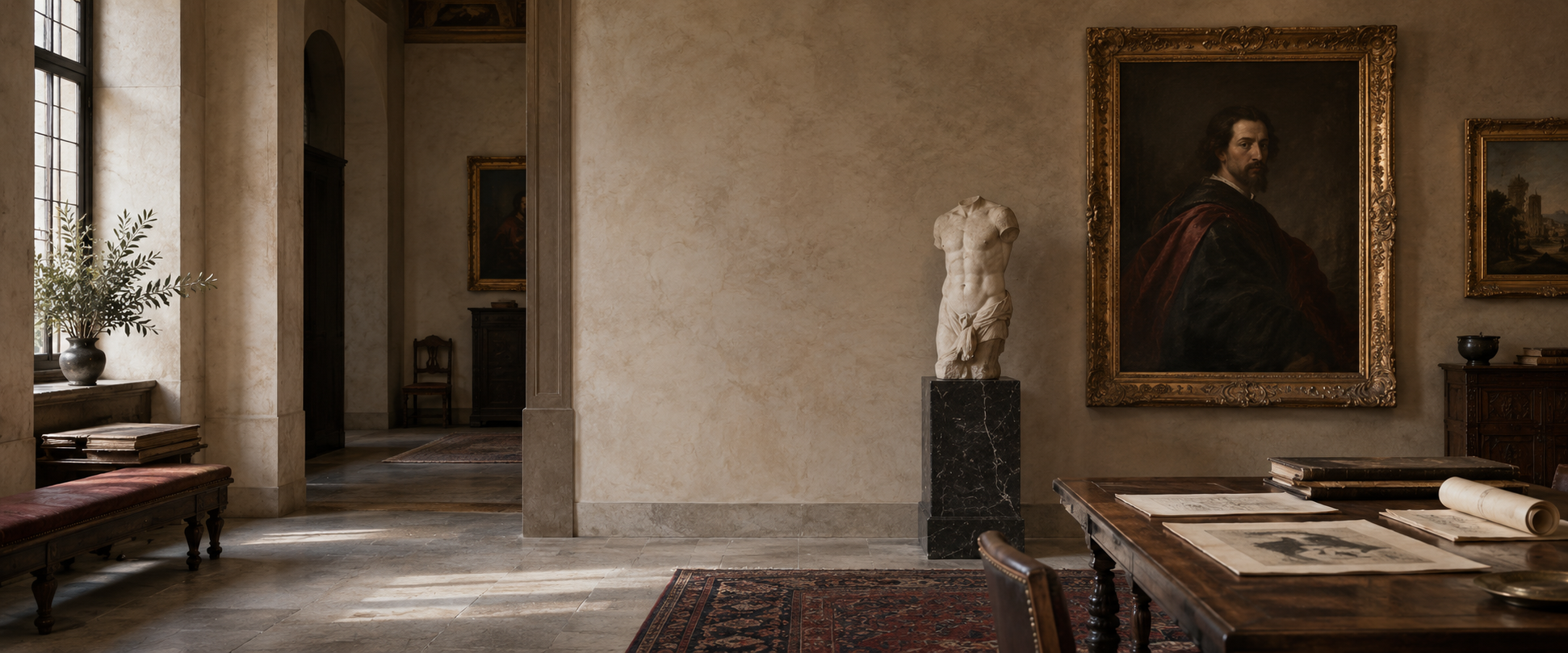 Sala di una collezione d'arte antica con dipinto, scultura e documenti d'archivio